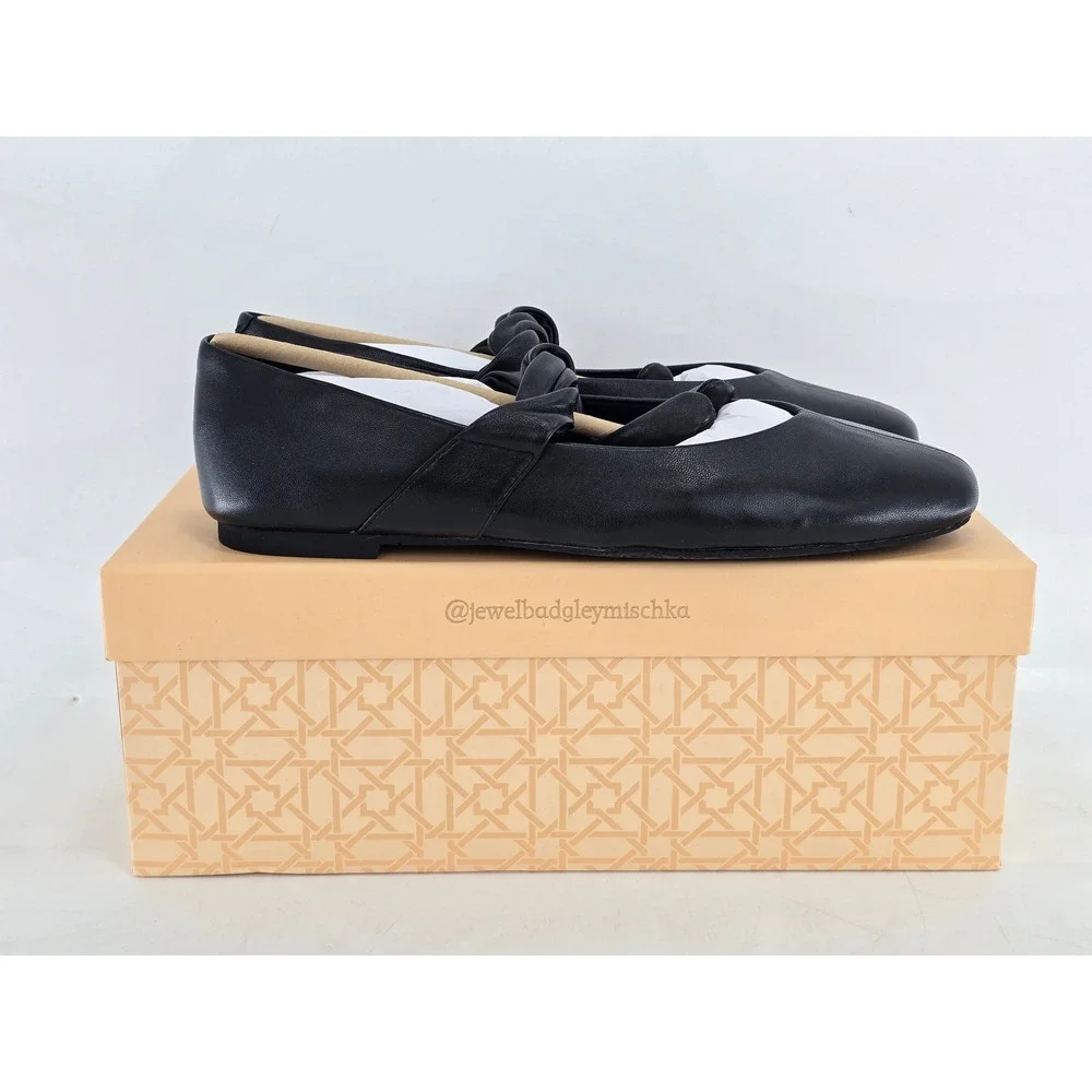 Jewel Badgley Mischka Taylore Flats Womens 7.5 Black Matte Leather Knot - New